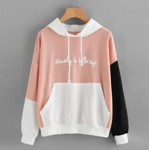European And American Color Matching Hoodie Pink - Shop at LoveMi