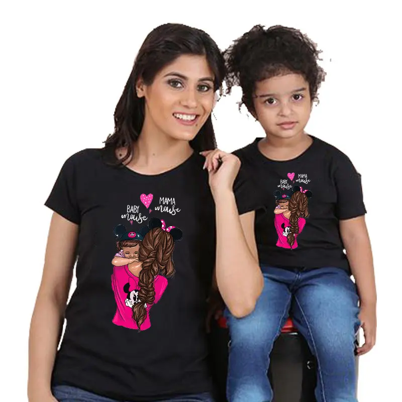 Women's and Short-Sleeved T-Shirts Cartoon Mother and Daughter Printing