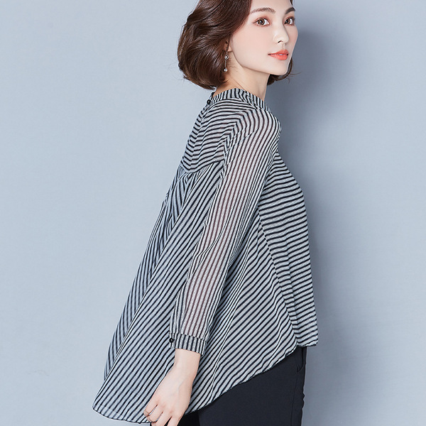 Slim Long-Sleeved Doll Collar Striped Chiffon Shirt - Treasure Supply