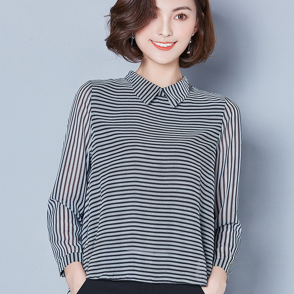 Slim Long-Sleeved Doll Collar Striped Chiffon Shirt - Treasure Supply