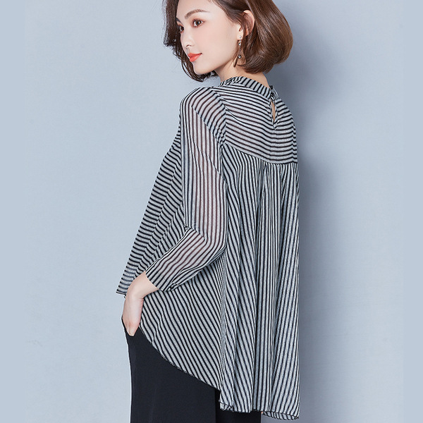 Slim Slimming Long-Sleeved Doll Collar Striped Chiffon Shirt Blouse Women