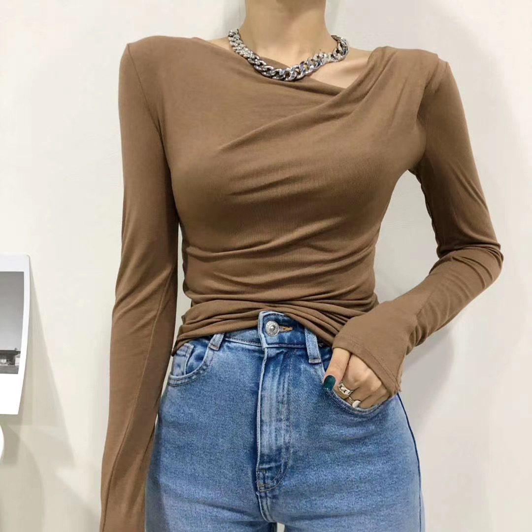 Women's Solid Color Base Shirt Oblique Collar Long Sleeves
