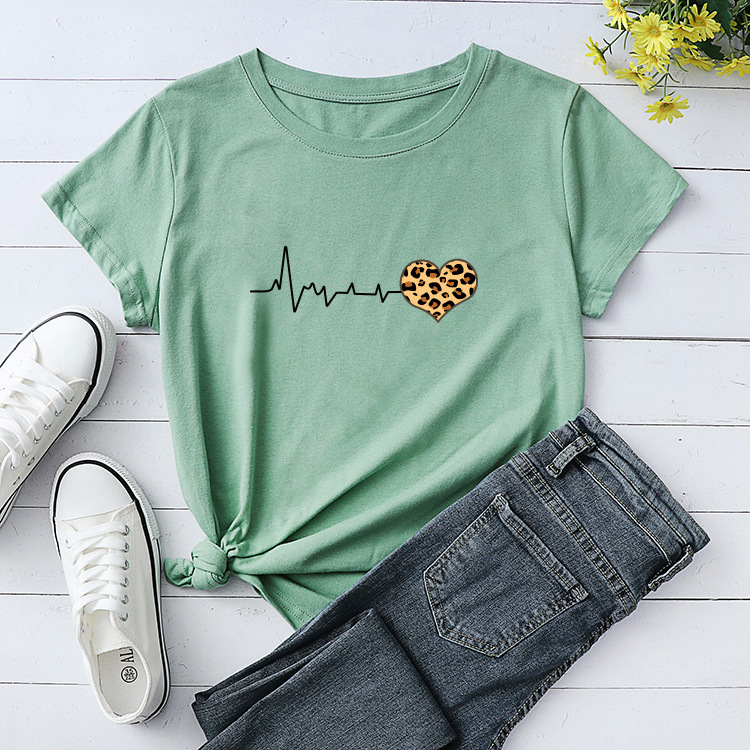 Heartbeat Leopard Print Round Neck Loose Top Cotton T-Shirt Women