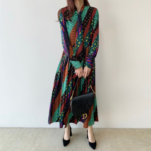 Vintage Twill Print Lace Pleated Long Dress