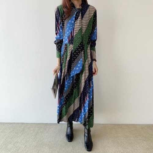 Retro Pattern Twill Print Tie Pleated Long Dress