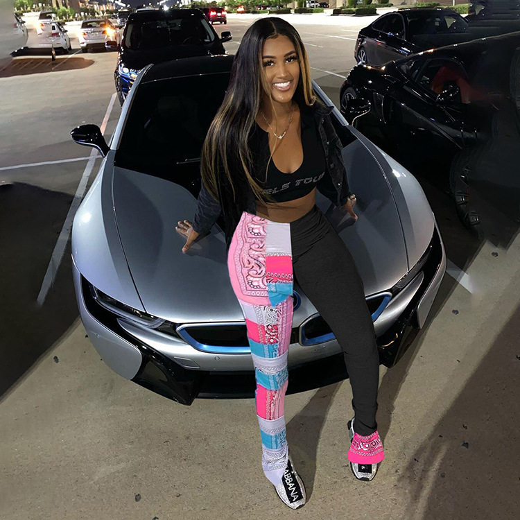 Printed Pleated Split Color Block Sweatpants