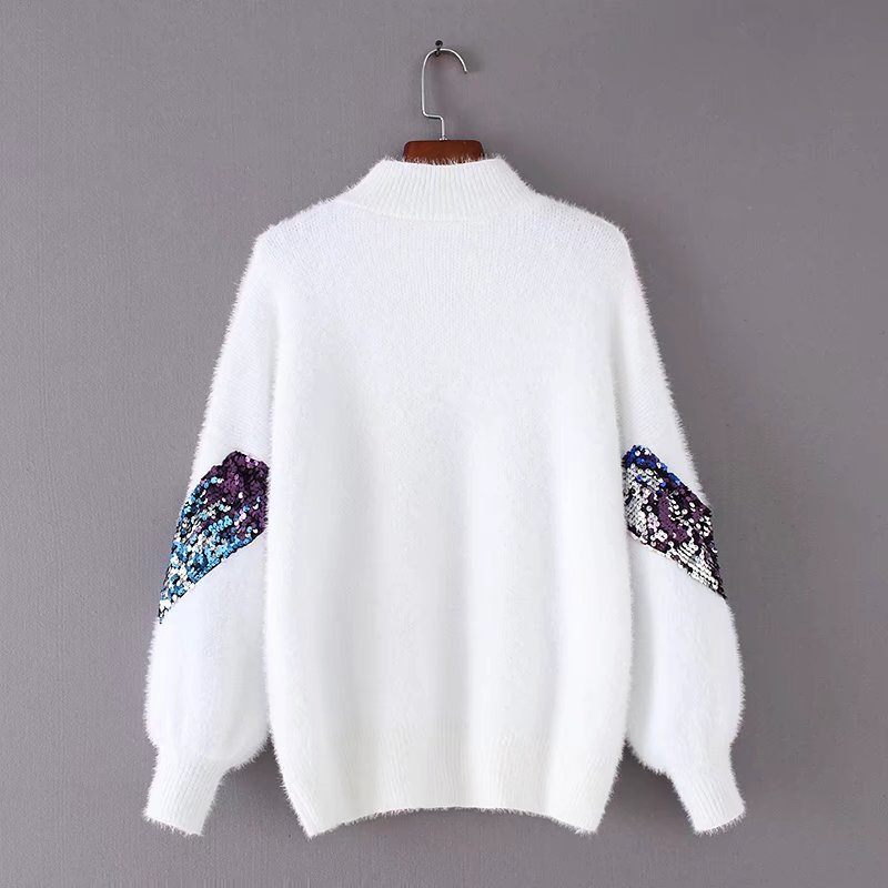 New Fashion Half High Neck Mohair Embroidered Sequin Lantern Sleeve Sweater