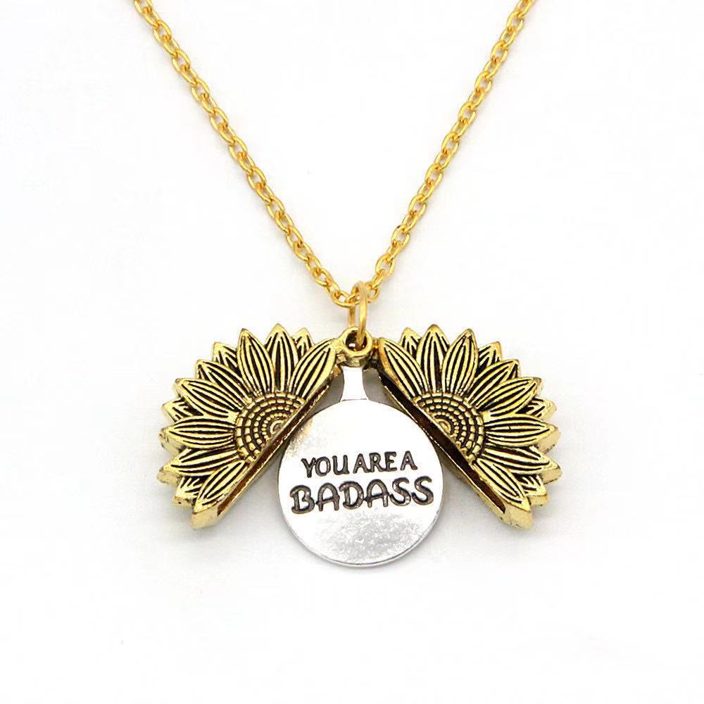 Alloy Necklace Can Be Opened With Double Engraving Stainless Steel Sun Flower Pendant
