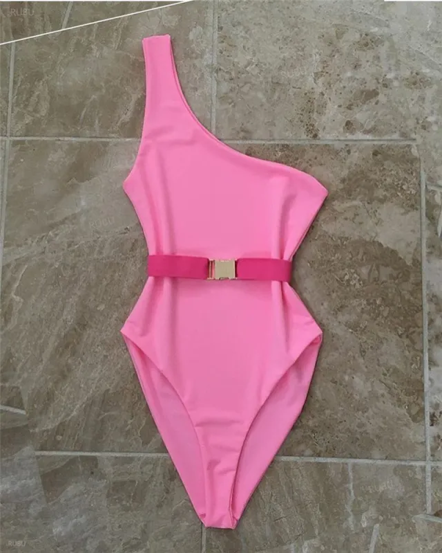 New Solid Color One Shoulder Swimsuit Rose - Shop at LoveMi
