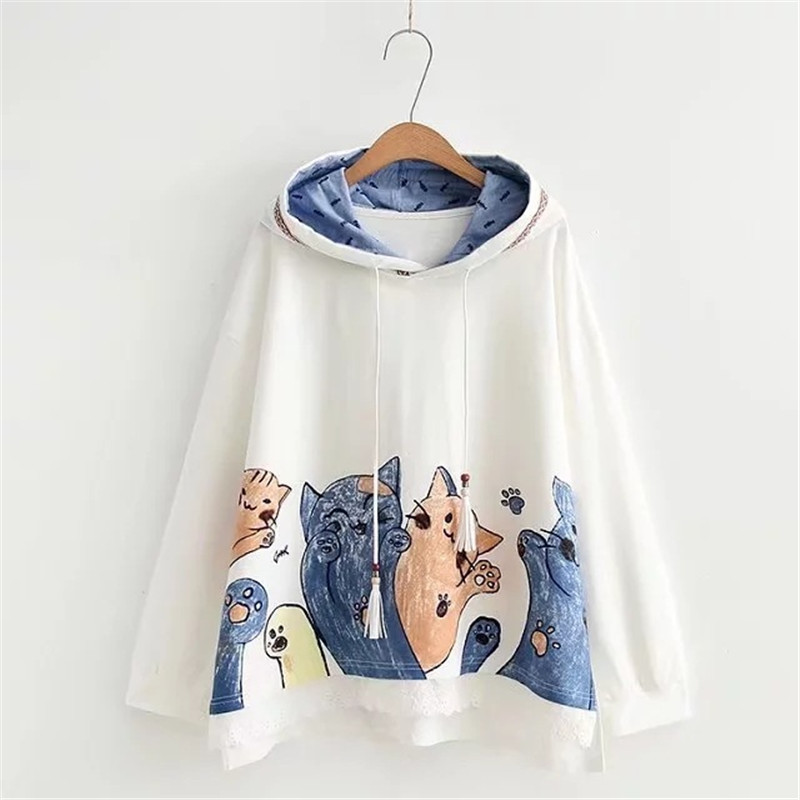 Title 2, Cute Cat Print Lace Stitching Hooded Long-sleev...