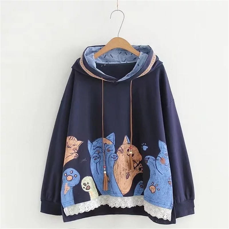 Title 3, Cute Cat Print Lace Stitching Hooded Long-sleev...