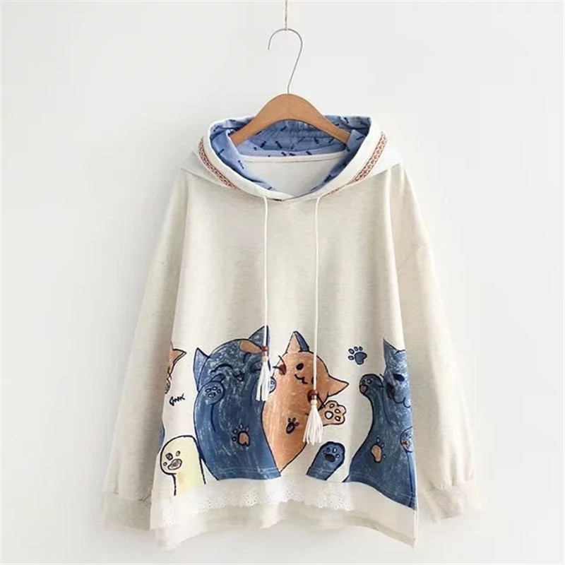 Title 6, Cute Cat Print Lace Stitching Hooded Long-sleev...