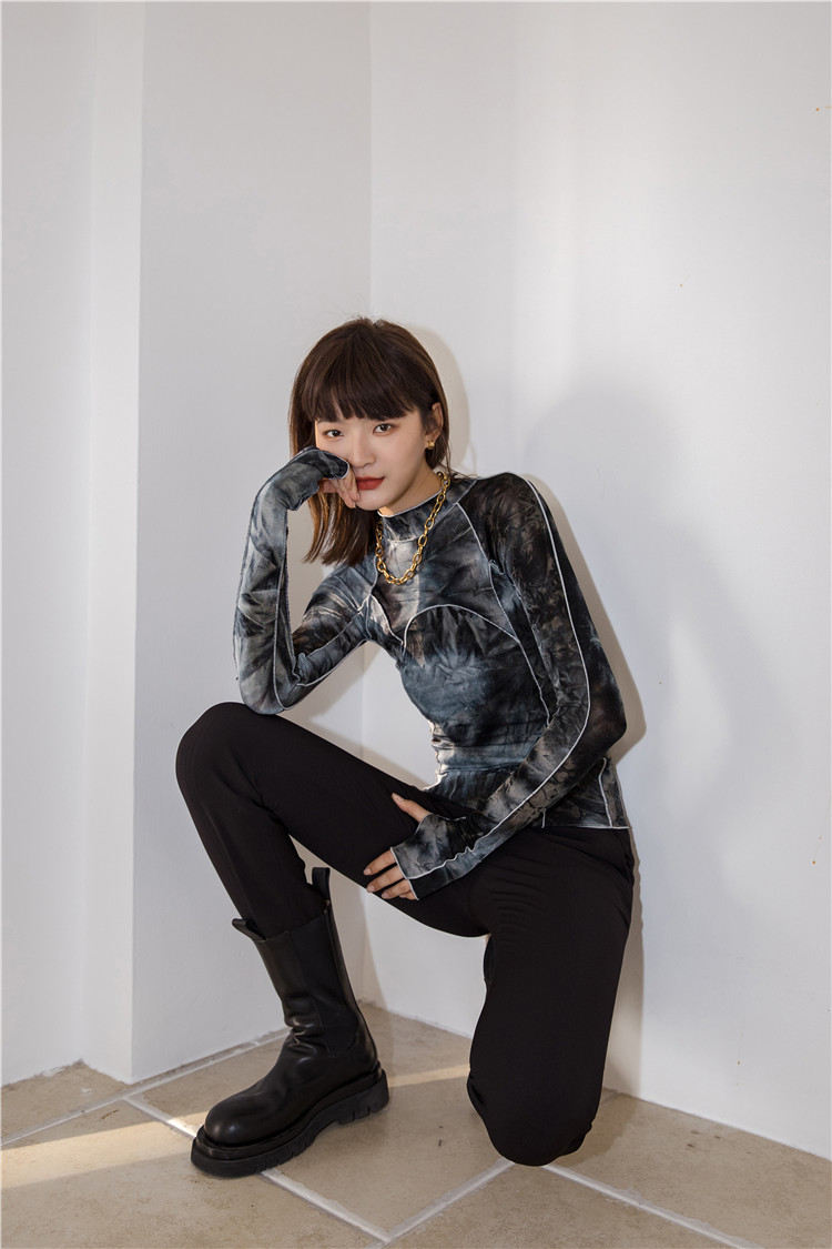 Tie-dye Printed High-neck Long-sleeved T-shirt