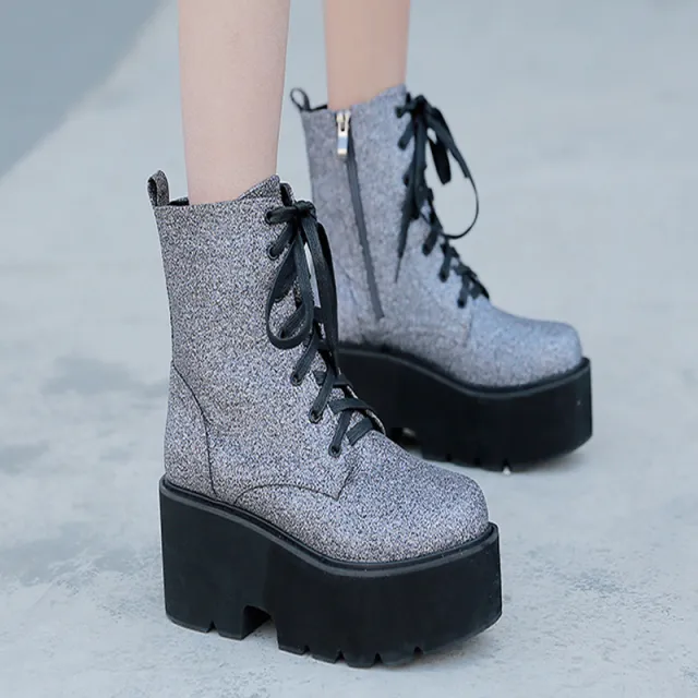 Fashion New Style Wedge With Thick Soled Muffin And Velvet Lace Up Silver Martin Boots Grey - Shop at LoveMi