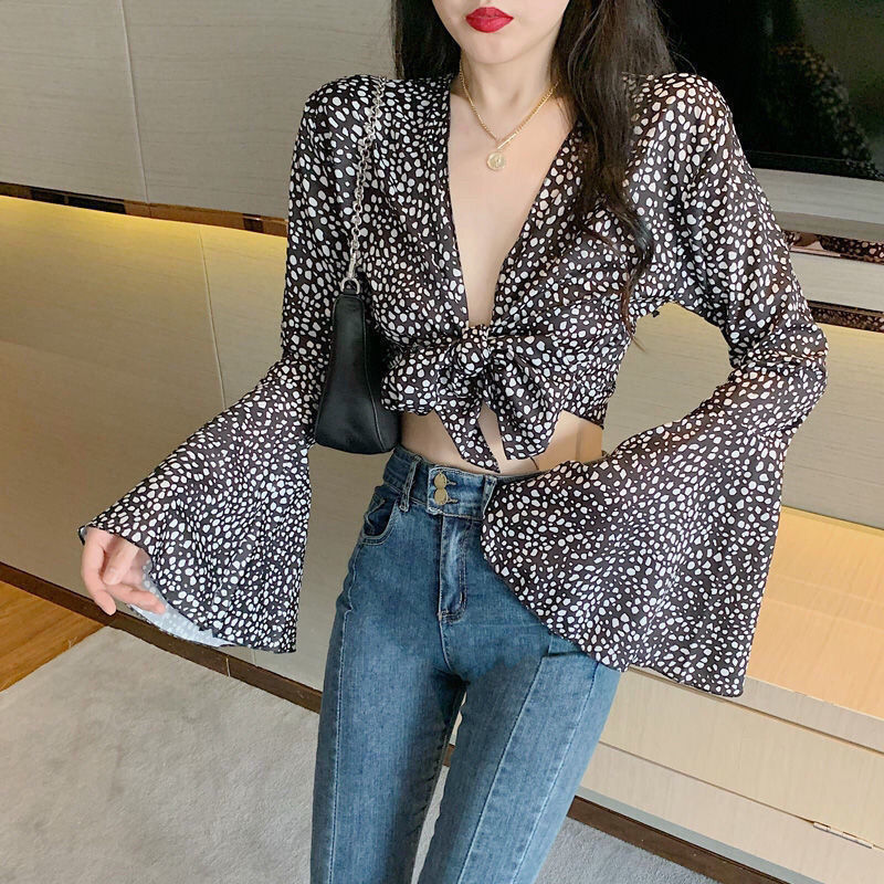 French V-neck Floral Long Sleeve Chiffon Shirt
