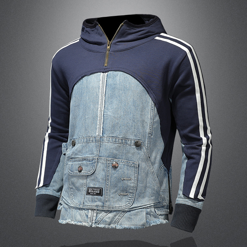 Sweater Personality High Street Trend Denim Stitching Sweater Multi-Pocket