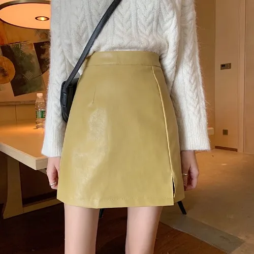 HOT Fashion Women Shiny Leather Skirts Female Solid Bodycon Pencil Short Mini Skirt Woman Zipper High Waist Skirt Yellow - Shop at LoveMi
