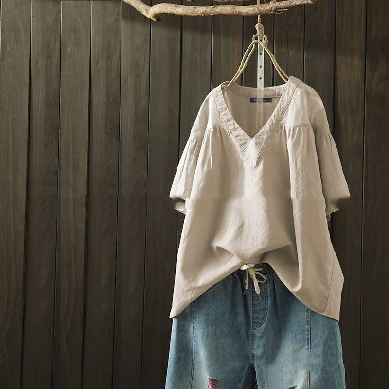 Simple Solid Color Cotton And Linen Short Sleeved T Shirt Women Loose Pullover Casual Top