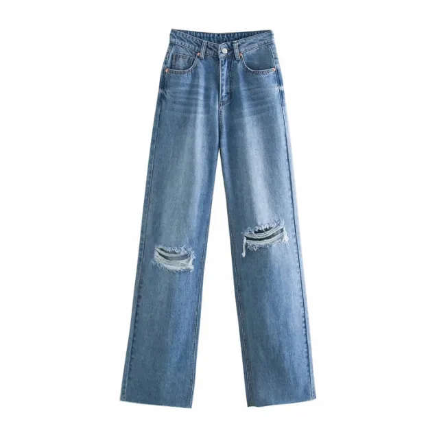 High Waist Slim Stitching Denim Wide leg Pants Blue - Shop at LoveMi