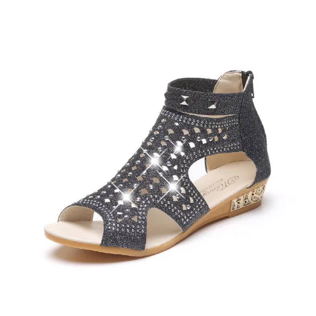 Hollow Comfortable Open Toe Non Slip Flat Roman Korean Flat Heel Rhinestone Women's Shoes Black - Shop at LoveMi