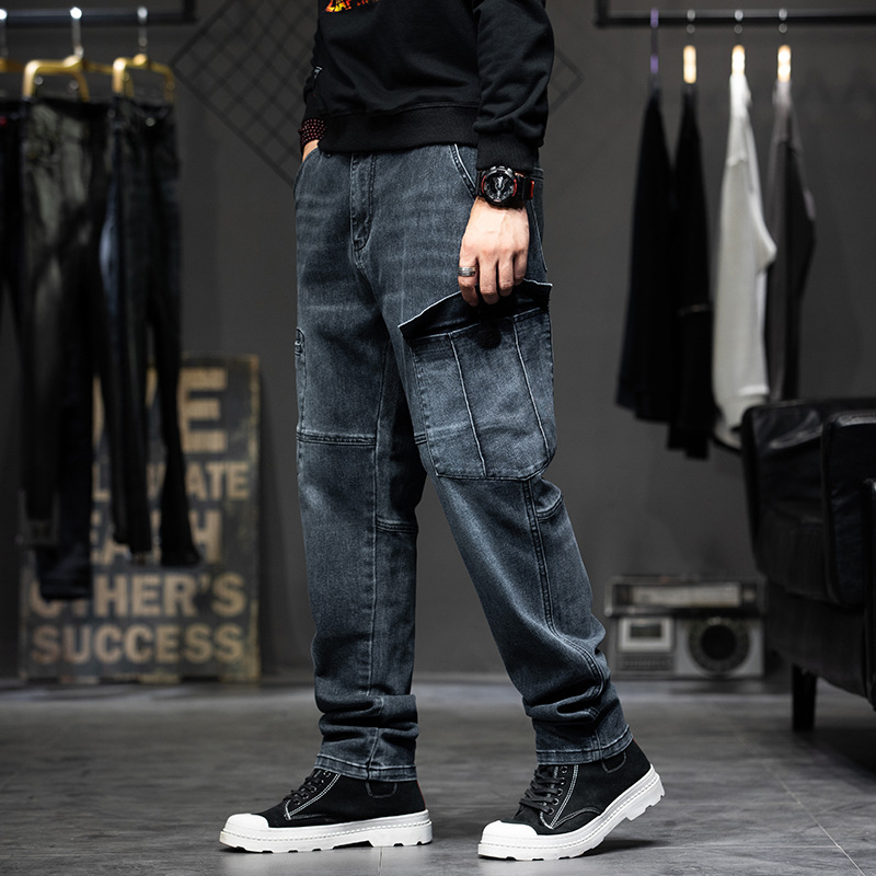 Loose Straight Leg Tooling Multi Pocket Jeans Men's Retro Trousers