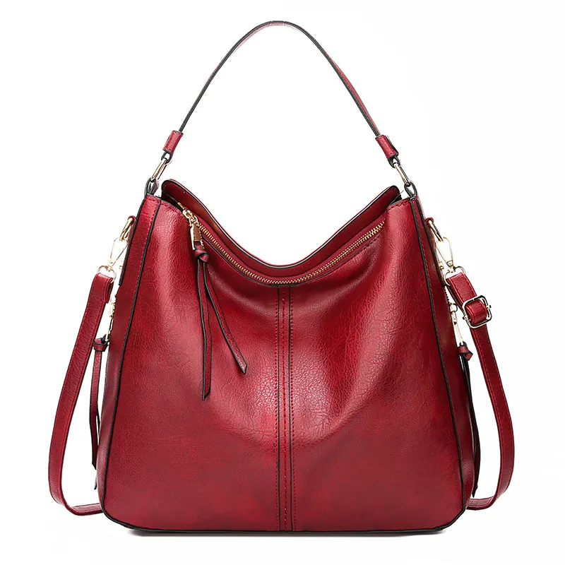 Hobos Zipper Bucket Bags With Adjustable Shoulder-strap Handbags Temperament High Capacity Messenger Shoulder Bag For Women - Red