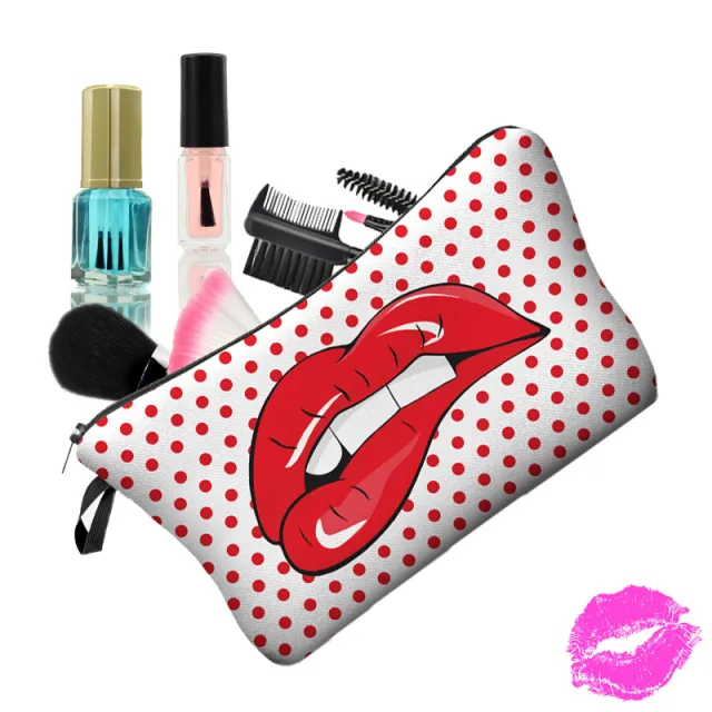 European and American polka dot red lip cosmetic bag cute girl heart portable storage bag toiletry bag manufacturer Red - Shop at LoveMi