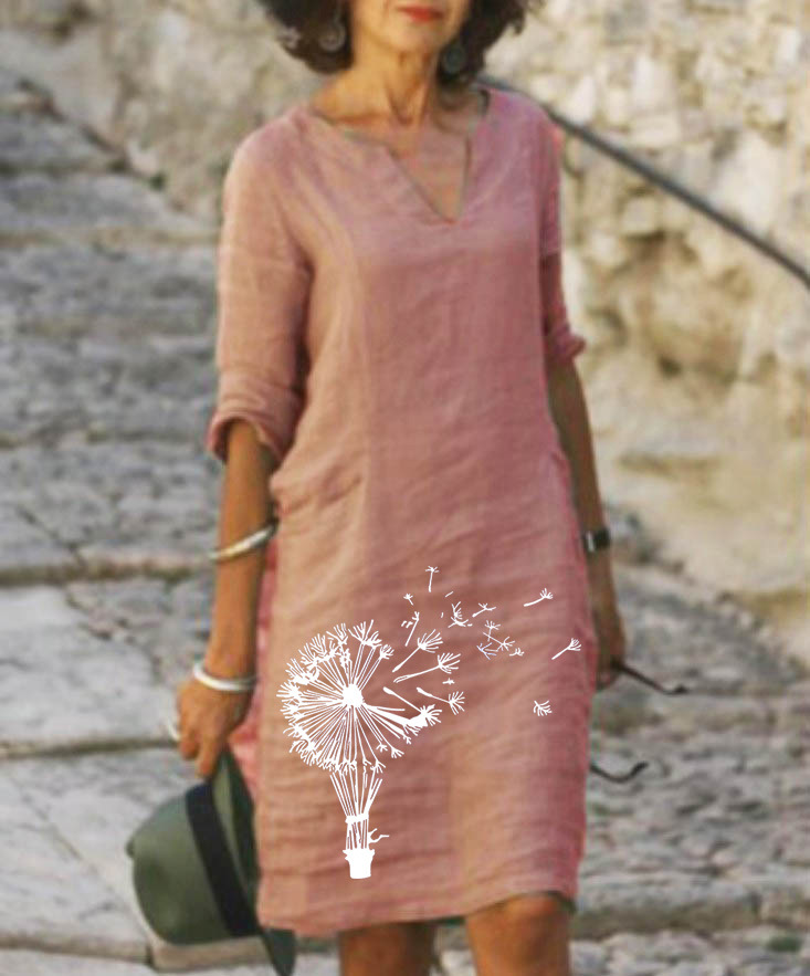 Fashionable U-Neck Dandelion Print Dress