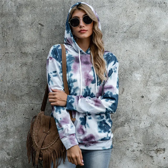 European and American Women's Tie dye Hooded Pullover Long sleeved Loose Sweater A M - Shop at LoveMi