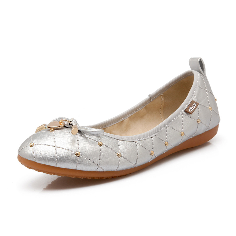 Women's Shoe With Egg Roll, Round Toe, Flat, Single, Light Bow Silver - Shop at LoveMi