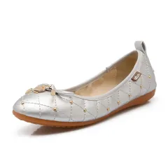 Women's Shoe With Egg Roll, Round Toe, Flat, Single, Light Bow - Silver - View 1