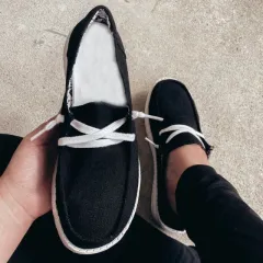 Flat-Bottomed Cross-Lace Large Canvas Shoes - Black - View 1