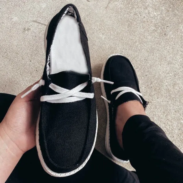 Flat Bottomed Cross Lace Large Canvas Shoes Black - Shop at LoveMi