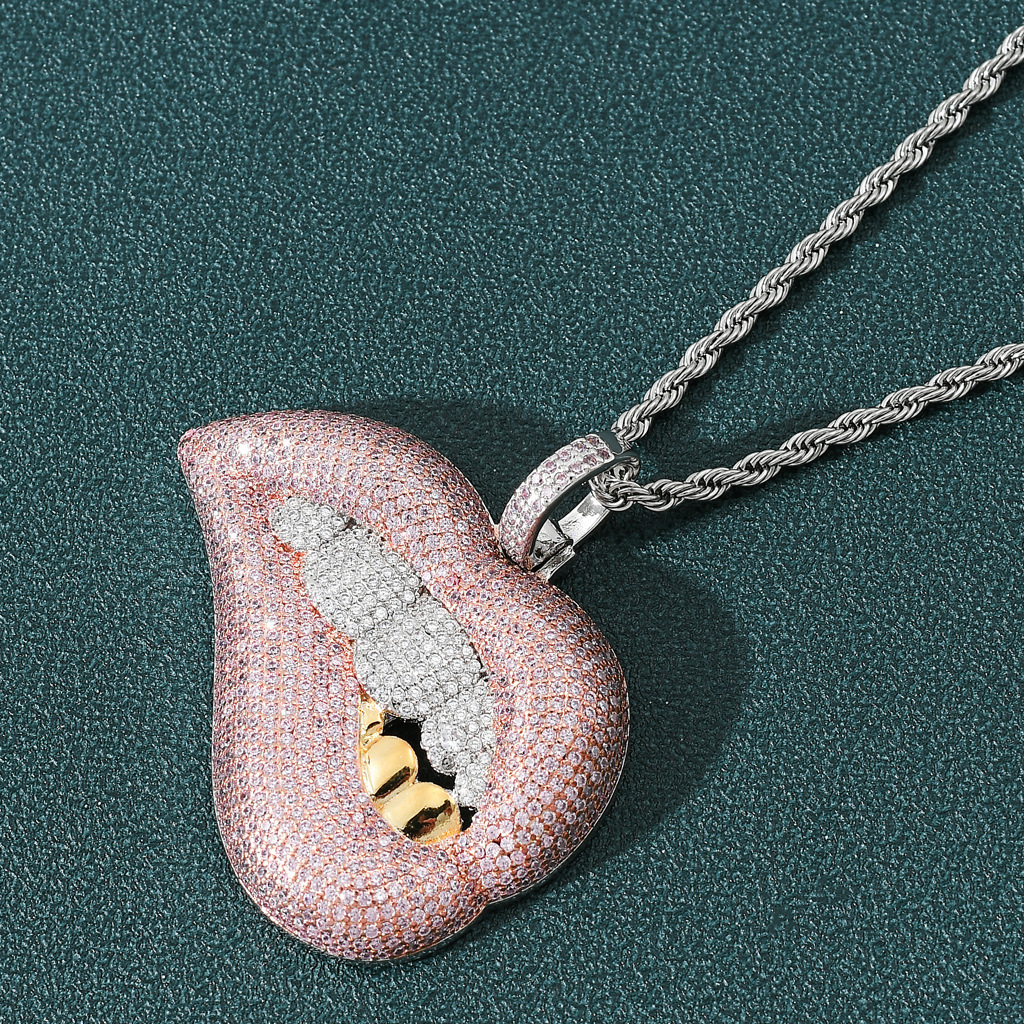 Sexy Lip Biting Hip Hop Pendant With Pink Zircon