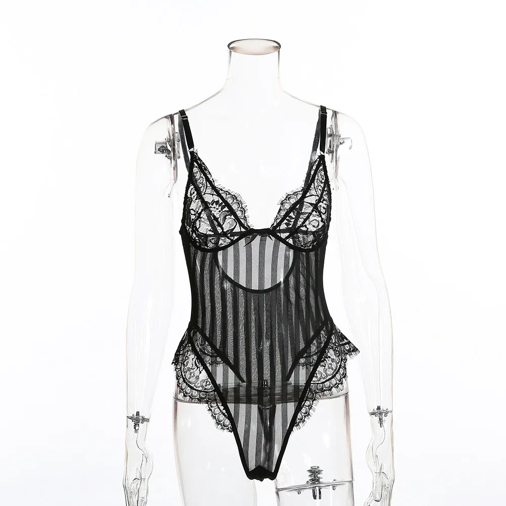 European And American Sexy Foreign Trade Women's Sexy Lingerie Lace One-Piece - Black