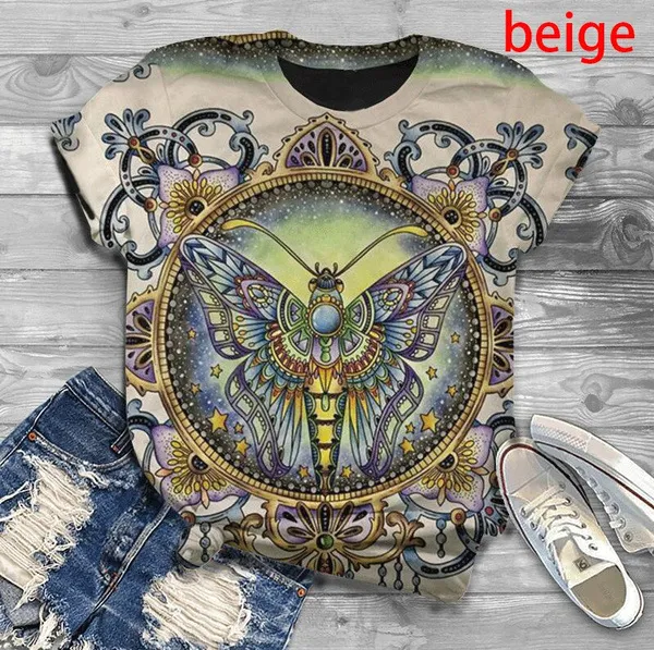Women's Fashion Floral Butterfly Print Fitness Short Sleeved T Shirt Top Apricot - Shop at LoveMi