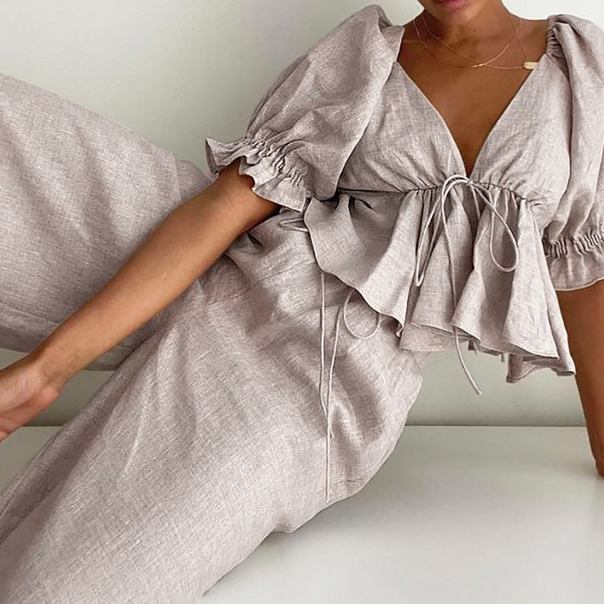  Spring Ladies v-Neck Cotton And Linen Bubble Shirt