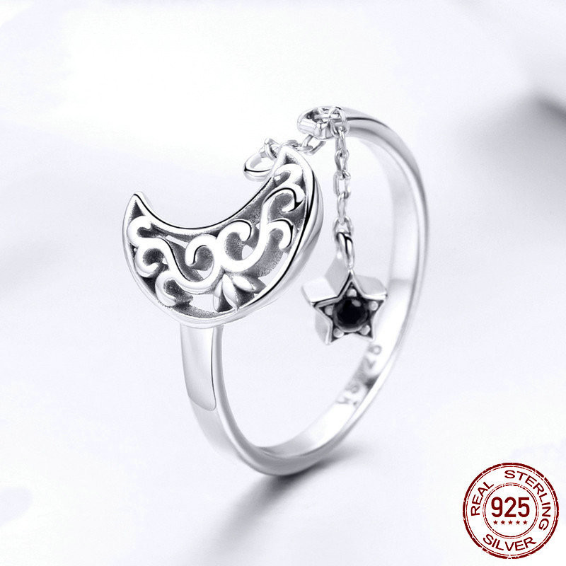 S925 Sterling Silver Ring Simple Starlight Moon Sky Open Ring