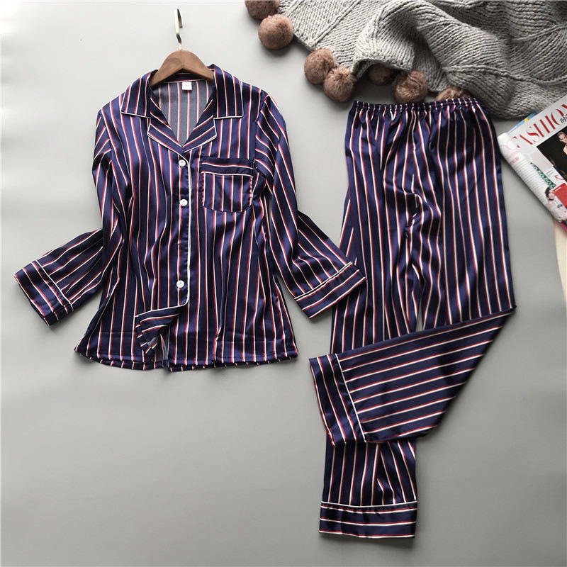 Title 7, Imitation Silk Couple Pajamas Striped Ladies An...