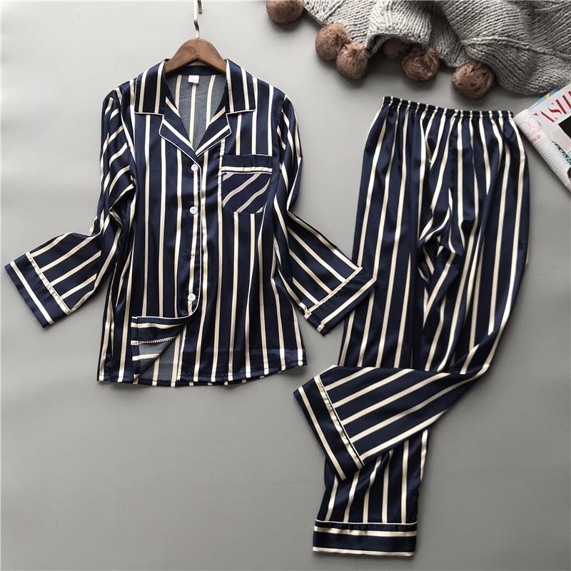 Title 8, Imitation Silk Couple Pajamas Striped Ladies An...