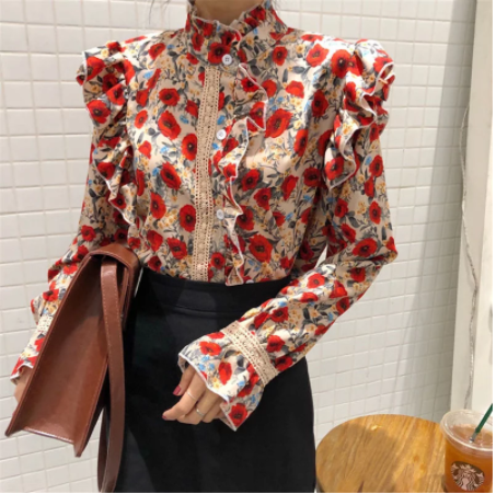 Flared Sleeve Hollow Stand Collar Floral Long Sleeve Top