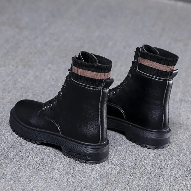 Fashion Martin Boots Mid heel Increase Sock Boots Lace up Short Boots Black - Shop at LoveMi