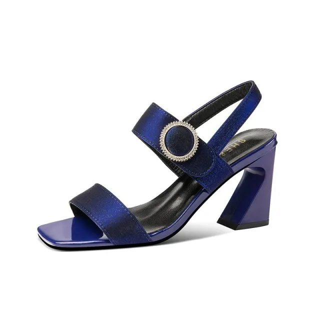 Korean Style Metal Buckle Thick Heel Women Sandals Blue - Shop at LoveMi