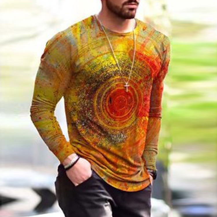 تي شيرت رجالي بأكمام طويلة مطبوع عليه رسومات جرافيتي بألوان متباينة