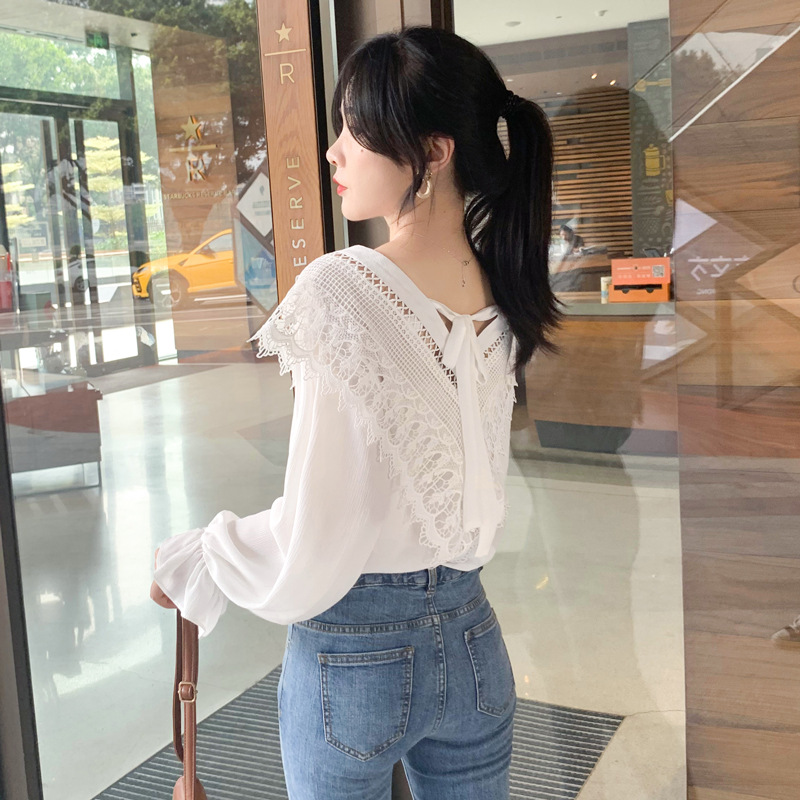 Loose And Thin V-neck Small Fresh Stitching Lace Long Sleeves
