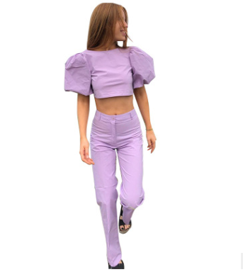 European And American Foreign Trade Women's Spring Ins New Solid Color Round Neck Lantern Sleeve Navel T-shirt