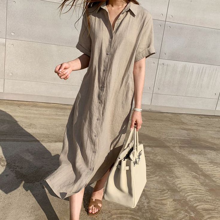 Korean Style Lace-Up Waist Linen Shirt Skirt Female Summer Long Simple And Loose Thin Polo Collar Short-Sleeved Dress
