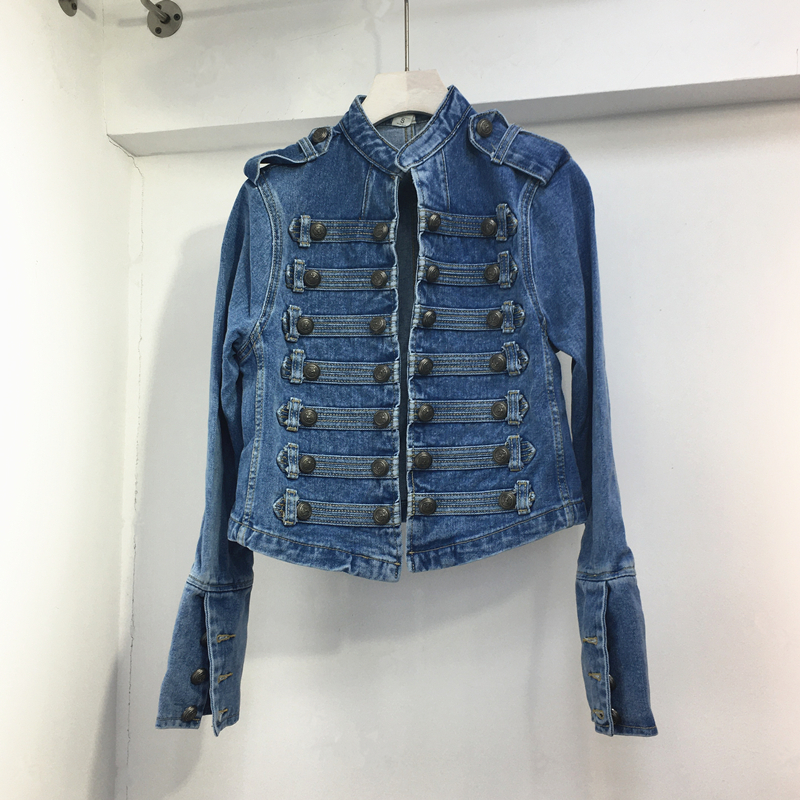 Handsome Military Sstyle Double-Breasted Button Stitching Short Denim Jacket Top