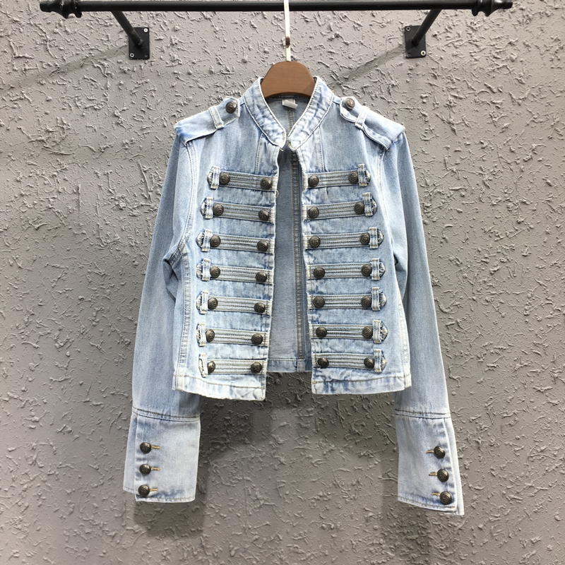 Handsome Military Sstyle Double Breasted Button Stitching Short Denim Jacket Top Light Blue - Shop at LoveMi