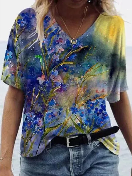 Ladies Fashion Print Short Sleeve T Shirt Shirt Blue - Shop at LoveMi
